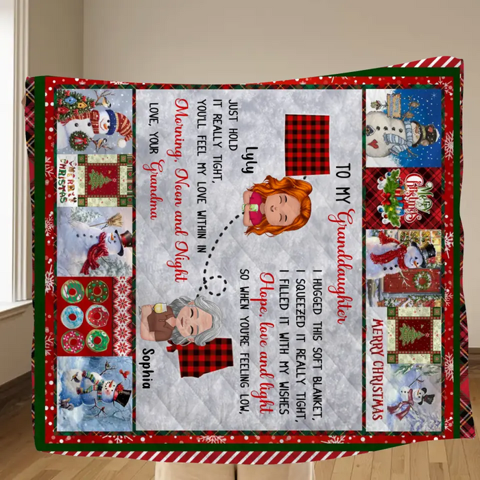 Personalized Granddaughter/Grandson Quilt/Single Layer Fleece Blanket/Pillow Cover - Gift Idea For Christmas From Grandma - Just Hold It Really Tight