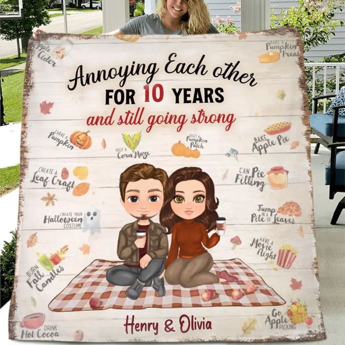 Personalized Couple Fleece Throw Blanket/Quilt - Anniversary Gift Idea For Couple - Annoying Each Other For 10 Years And Still Going Strong