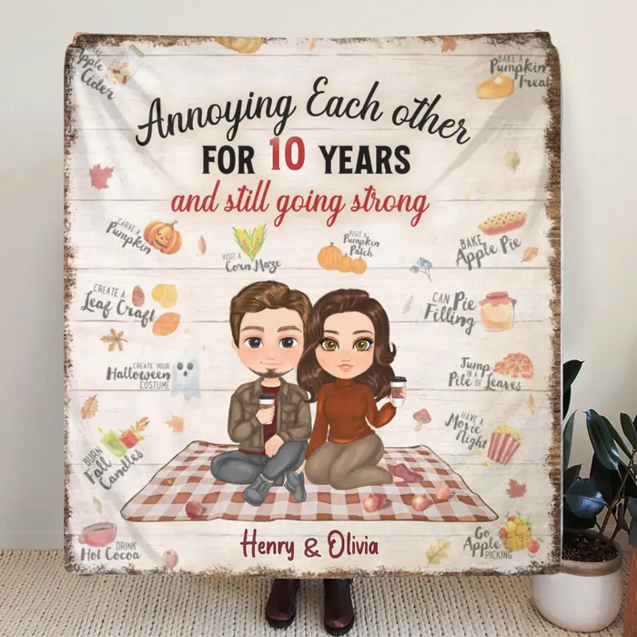 Personalized Couple Fleece Throw Blanket/Quilt - Anniversary Gift Idea For Couple - Annoying Each Other For 10 Years And Still Going Strong