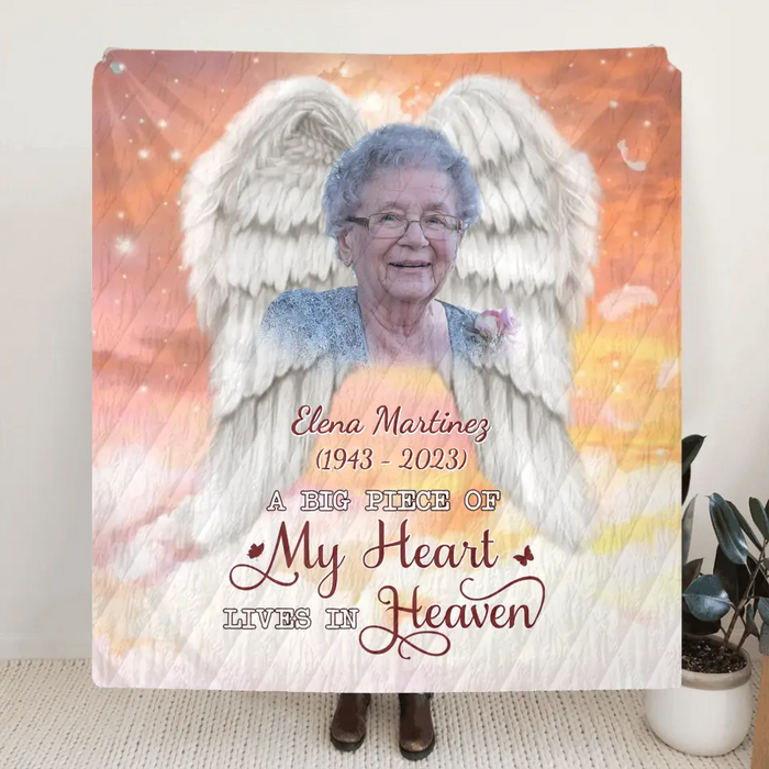 Custom Personalized Memorial Photo Single Layer Fleece/Quilt Blanket - Memorial Gift Idea for Family - A Big Piece Of My Heart Lives In Heaven