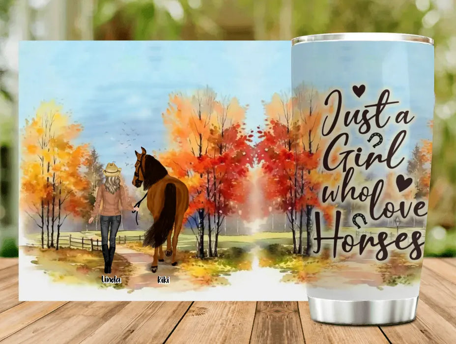 Custom Personalized Horse Girl Fall Season Tumbler 20oz  - Gift Idea For Horse Lovers - Up To 6 Horses - Just A Girl Who Loves Horses