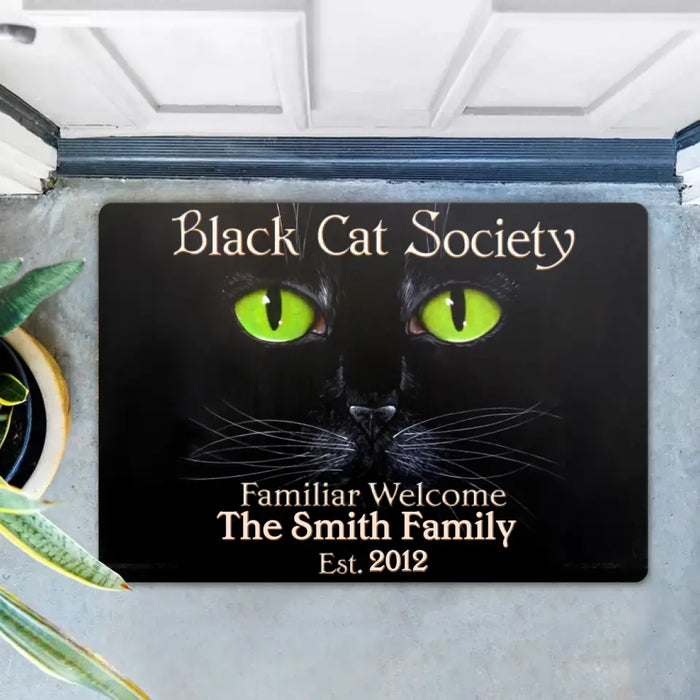 Black Cat Society Familiar Welcome - Personalized Black Cat Doormat - Halloween Gift Idea