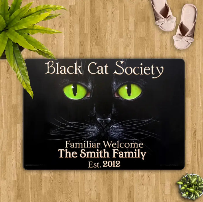 Black Cat Society Familiar Welcome - Personalized Black Cat Doormat - Halloween Gift Idea
