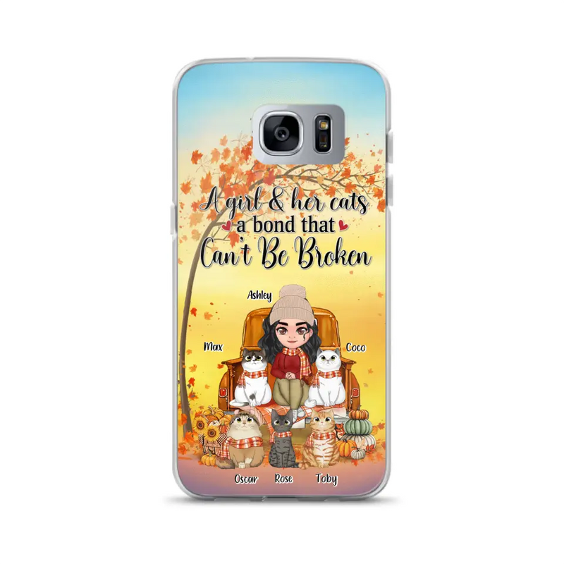 Personalized Cat Mom Fall Season Phone Case - Gift Idea For Cat Owners - Up to 5 Cats - Case For iPhone/Samsung - A Girl & Her Cats A Bond That Can't Be Broken