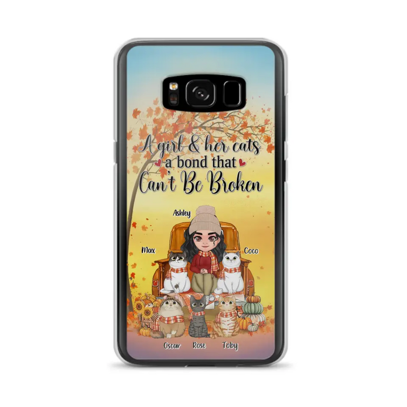 Personalized Cat Mom Fall Season Phone Case - Gift Idea For Cat Owners - Up to 5 Cats - Case For iPhone/Samsung - A Girl & Her Cats A Bond That Can't Be Broken