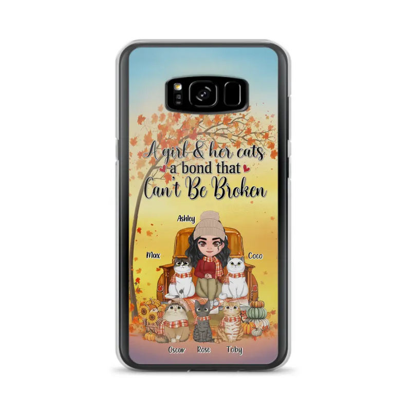 Personalized Cat Mom Fall Season Phone Case - Gift Idea For Cat Owners - Up to 5 Cats - Case For iPhone/Samsung - A Girl & Her Cats A Bond That Can't Be Broken