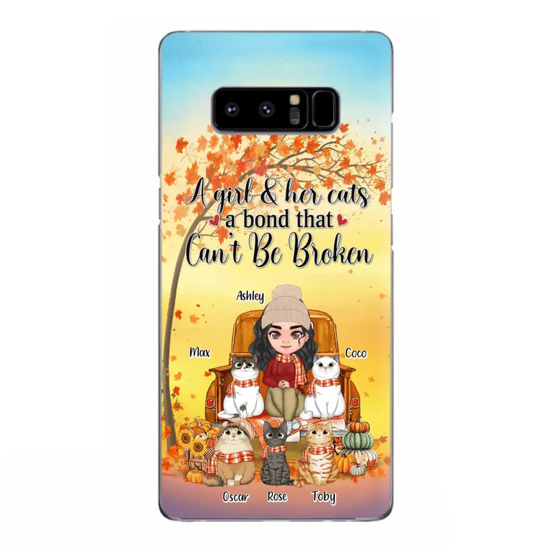 Personalized Cat Mom Fall Season Phone Case - Gift Idea For Cat Owners - Up to 5 Cats - Case For iPhone/Samsung - A Girl & Her Cats A Bond That Can't Be Broken