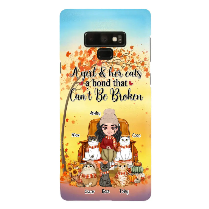 Personalized Cat Mom Fall Season Phone Case - Gift Idea For Cat Owners - Up to 5 Cats - Case For iPhone/Samsung - A Girl & Her Cats A Bond That Can't Be Broken