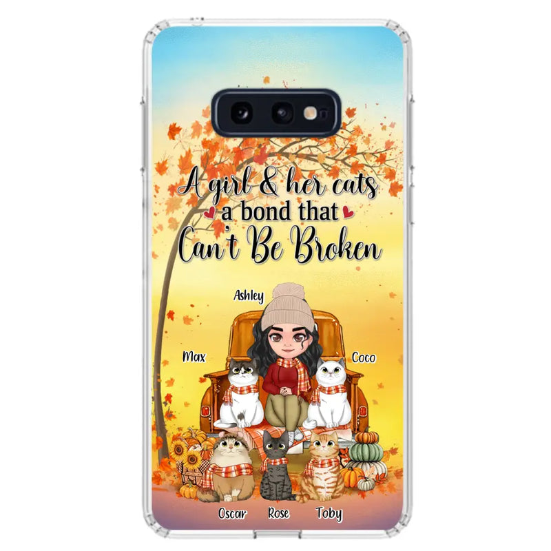 Personalized Cat Mom Fall Season Phone Case - Gift Idea For Cat Owners - Up to 5 Cats - Case For iPhone/Samsung - A Girl & Her Cats A Bond That Can't Be Broken