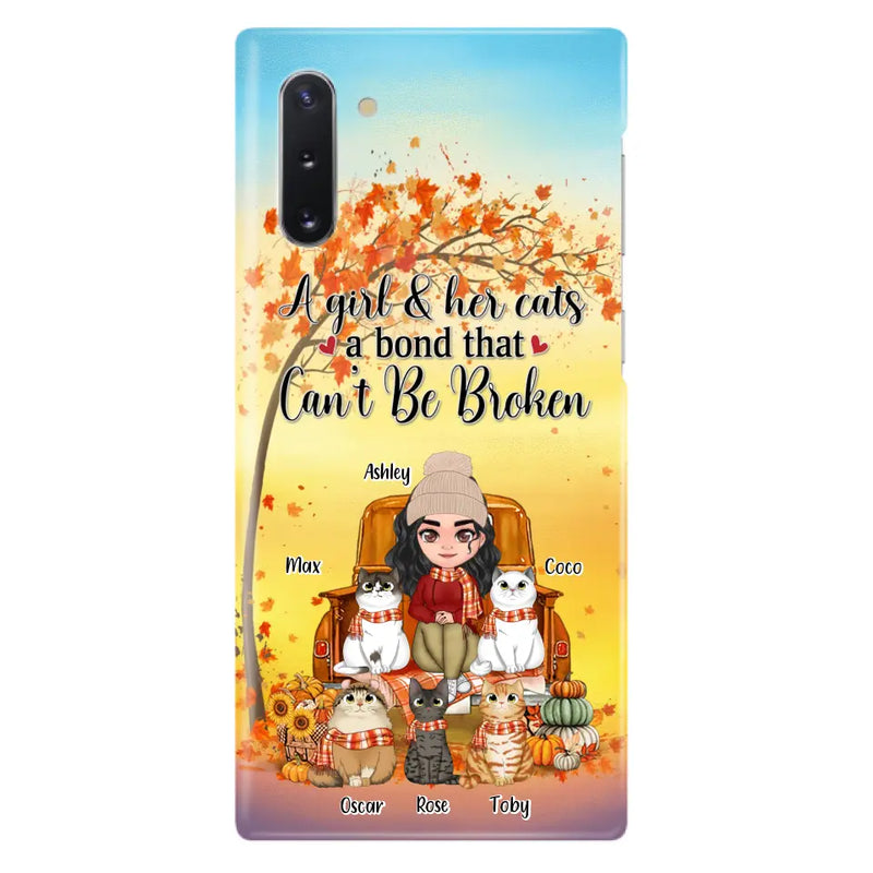 Personalized Cat Mom Fall Season Phone Case - Gift Idea For Cat Owners - Up to 5 Cats - Case For iPhone/Samsung - A Girl & Her Cats A Bond That Can't Be Broken