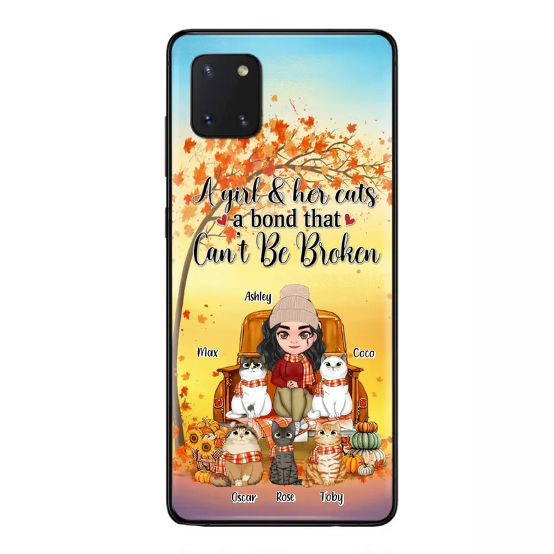 Personalized Cat Mom Fall Season Phone Case - Gift Idea For Cat Owners - Up to 5 Cats - Case For iPhone/Samsung - A Girl & Her Cats A Bond That Can't Be Broken