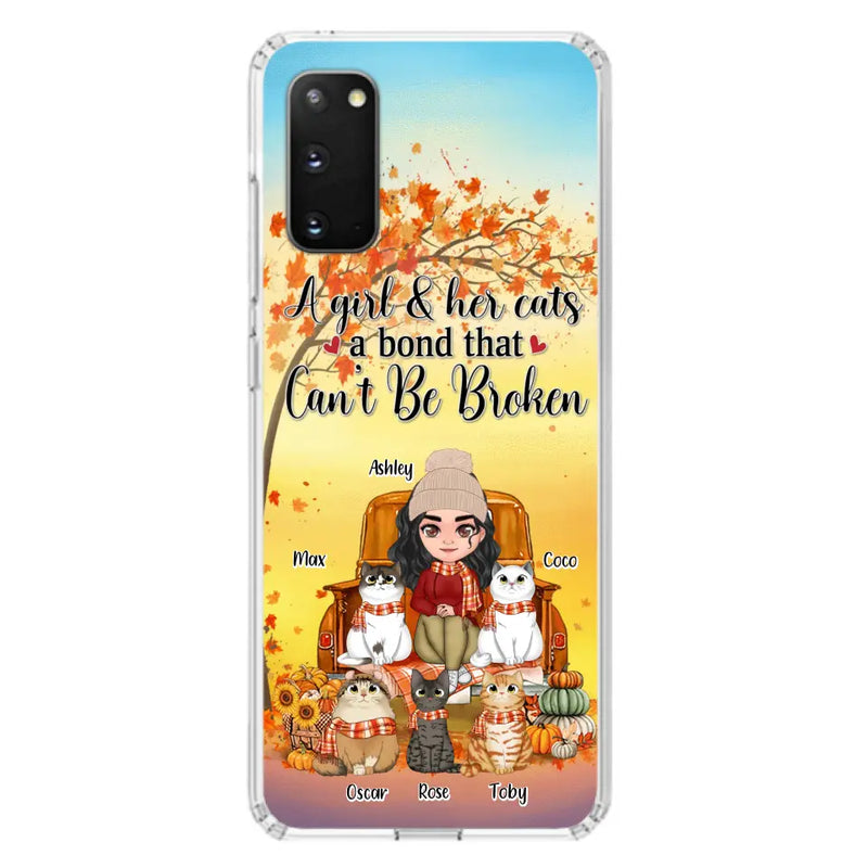 Personalized Cat Mom Fall Season Phone Case - Gift Idea For Cat Owners - Up to 5 Cats - Case For iPhone/Samsung - A Girl & Her Cats A Bond That Can't Be Broken