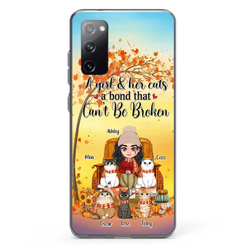 Personalized Cat Mom Fall Season Phone Case - Gift Idea For Cat Owners - Up to 5 Cats - Case For iPhone/Samsung - A Girl & Her Cats A Bond That Can't Be Broken
