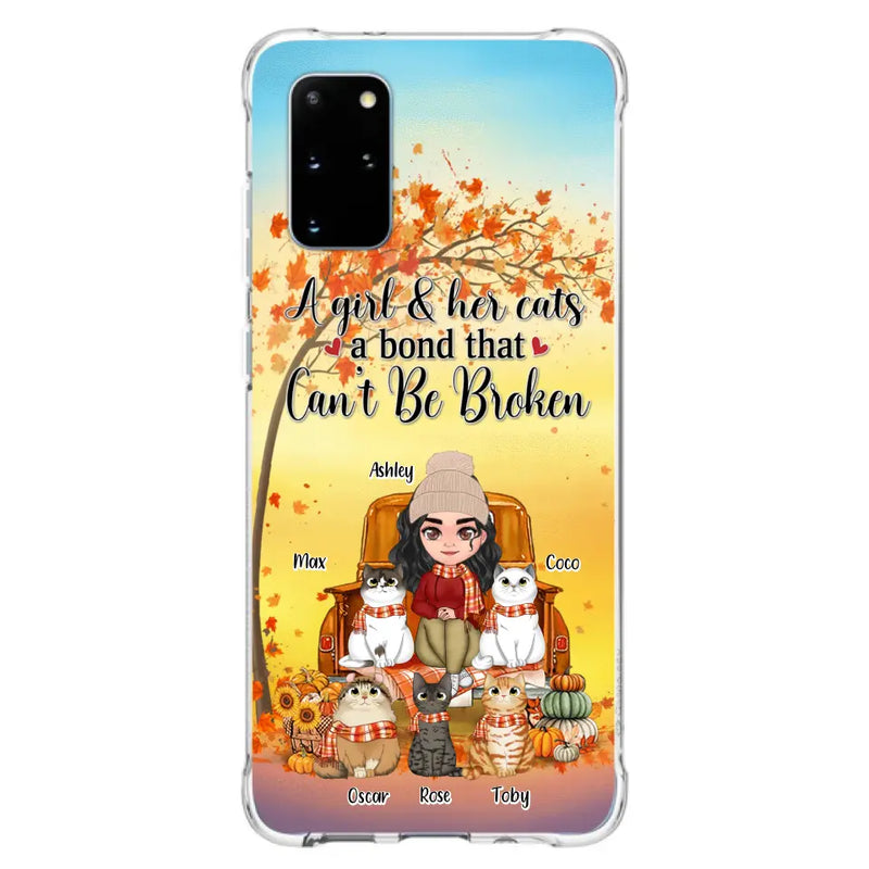 Personalized Cat Mom Fall Season Phone Case - Gift Idea For Cat Owners - Up to 5 Cats - Case For iPhone/Samsung - A Girl & Her Cats A Bond That Can't Be Broken