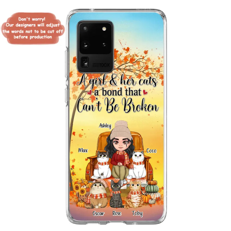 Personalized Cat Mom Fall Season Phone Case - Gift Idea For Cat Owners - Up to 5 Cats - Case For iPhone/Samsung - A Girl & Her Cats A Bond That Can't Be Broken