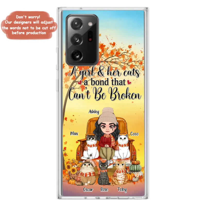 Personalized Cat Mom Fall Season Phone Case - Gift Idea For Cat Owners - Up to 5 Cats - Case For iPhone/Samsung - A Girl & Her Cats A Bond That Can't Be Broken
