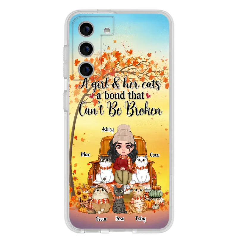 Personalized Cat Mom Fall Season Phone Case - Gift Idea For Cat Owners - Up to 5 Cats - Case For iPhone/Samsung - A Girl & Her Cats A Bond That Can't Be Broken