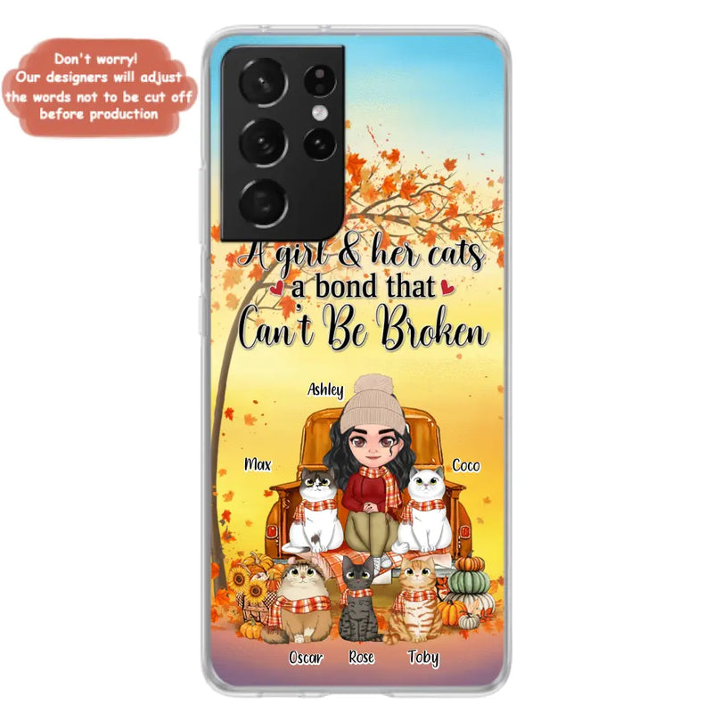 Personalized Cat Mom Fall Season Phone Case - Gift Idea For Cat Owners - Up to 5 Cats - Case For iPhone/Samsung - A Girl & Her Cats A Bond That Can't Be Broken