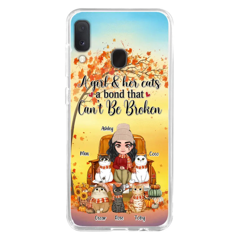 Personalized Cat Mom Fall Season Phone Case - Gift Idea For Cat Owners - Up to 5 Cats - Case For iPhone/Samsung - A Girl & Her Cats A Bond That Can't Be Broken