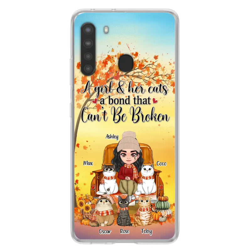 Personalized Cat Mom Fall Season Phone Case - Gift Idea For Cat Owners - Up to 5 Cats - Case For iPhone/Samsung - A Girl & Her Cats A Bond That Can't Be Broken