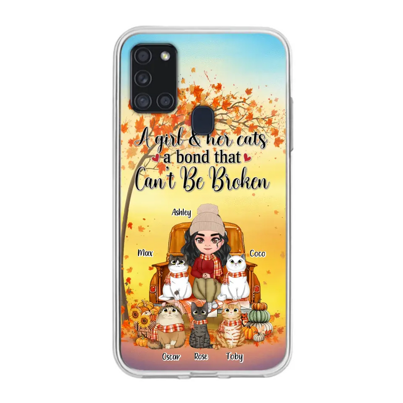 Personalized Cat Mom Fall Season Phone Case - Gift Idea For Cat Owners - Up to 5 Cats - Case For iPhone/Samsung - A Girl & Her Cats A Bond That Can't Be Broken
