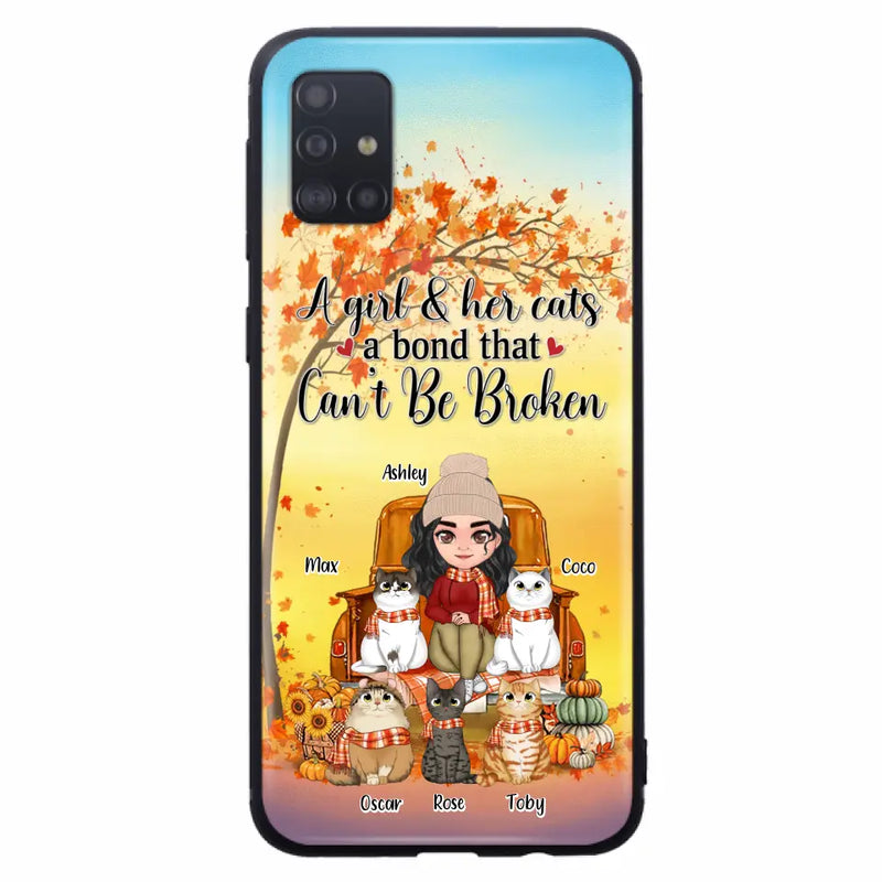 Personalized Cat Mom Fall Season Phone Case - Gift Idea For Cat Owners - Up to 5 Cats - Case For iPhone/Samsung - A Girl & Her Cats A Bond That Can't Be Broken