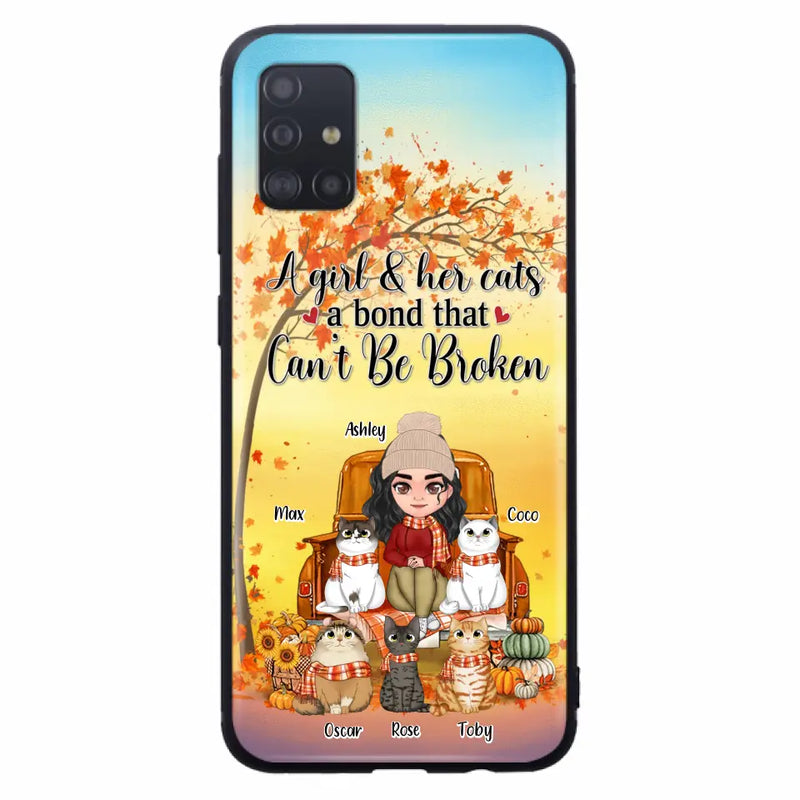 Personalized Cat Mom Fall Season Phone Case - Gift Idea For Cat Owners - Up to 5 Cats - Case For iPhone/Samsung - A Girl & Her Cats A Bond That Can't Be Broken