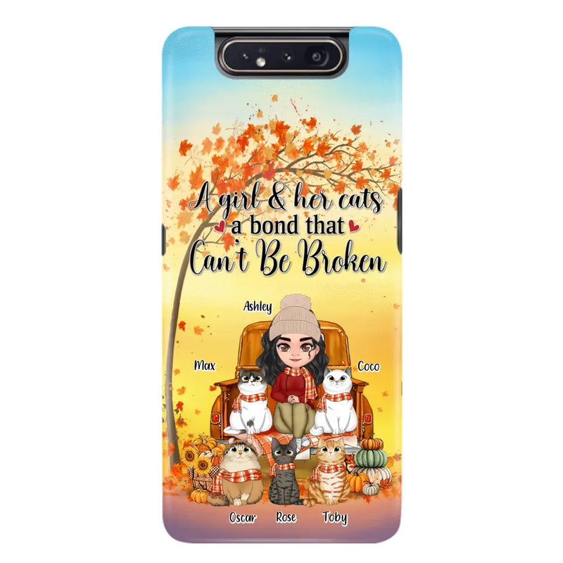 Personalized Cat Mom Fall Season Phone Case - Gift Idea For Cat Owners - Up to 5 Cats - Case For iPhone/Samsung - A Girl & Her Cats A Bond That Can't Be Broken