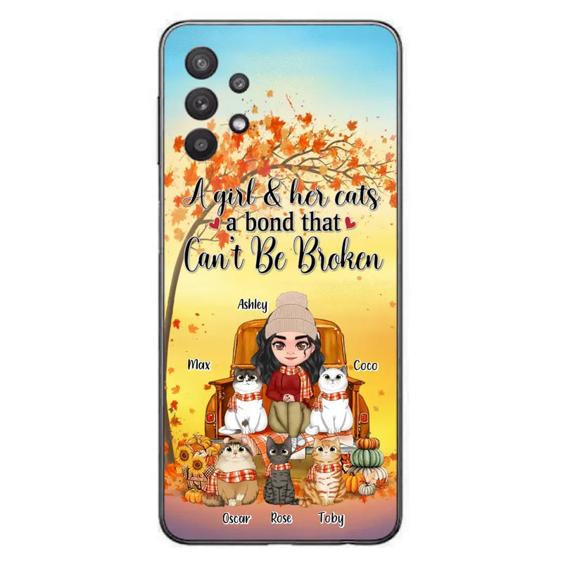 Personalized Cat Mom Fall Season Phone Case - Gift Idea For Cat Owners - Up to 5 Cats - Case For iPhone/Samsung - A Girl & Her Cats A Bond That Can't Be Broken