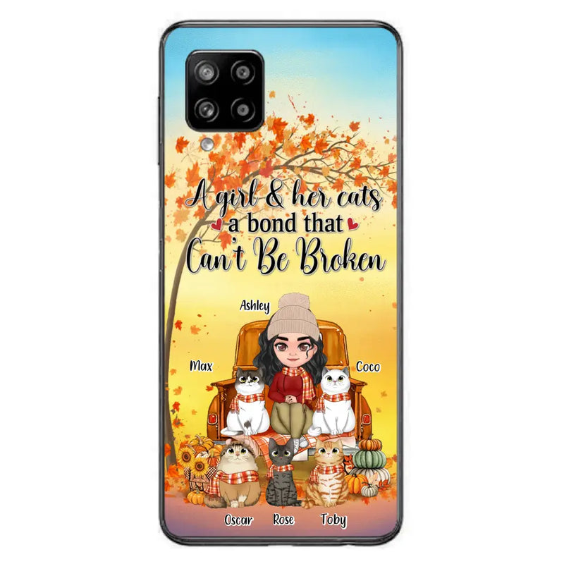 Personalized Cat Mom Fall Season Phone Case - Gift Idea For Cat Owners - Up to 5 Cats - Case For iPhone/Samsung - A Girl & Her Cats A Bond That Can't Be Broken
