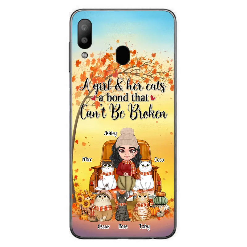 Personalized Cat Mom Fall Season Phone Case - Gift Idea For Cat Owners - Up to 5 Cats - Case For iPhone/Samsung - A Girl & Her Cats A Bond That Can't Be Broken