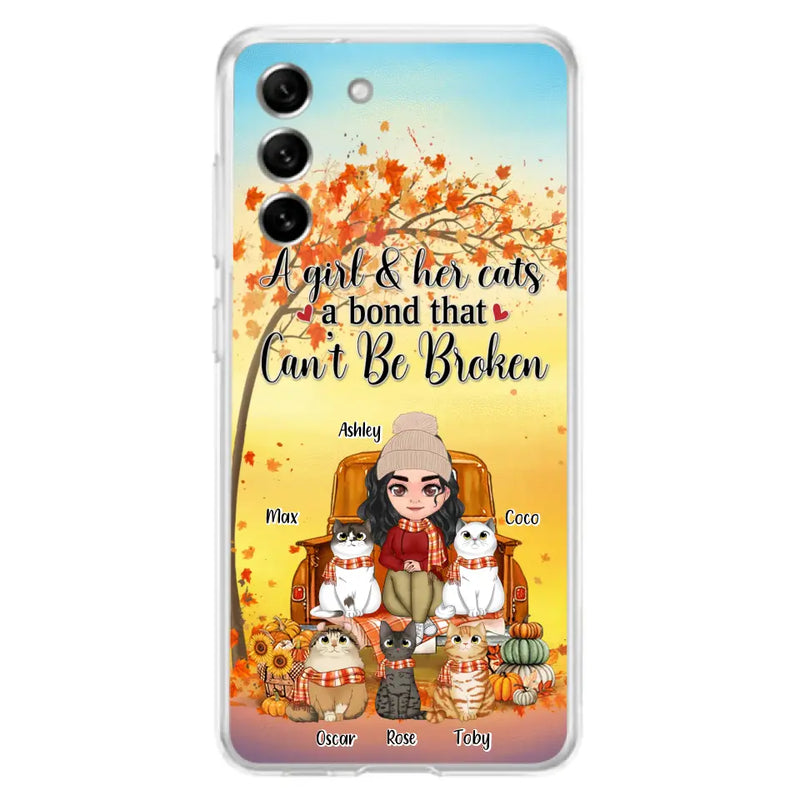 Personalized Cat Mom Fall Season Phone Case - Gift Idea For Cat Owners - Up to 5 Cats - Case For iPhone/Samsung - A Girl & Her Cats A Bond That Can't Be Broken