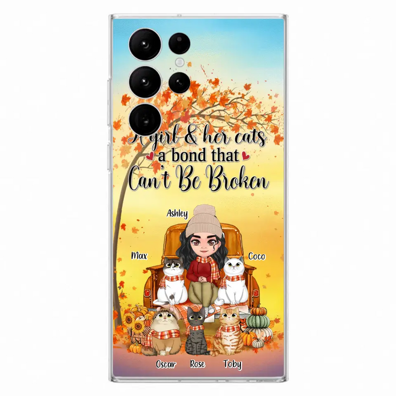 Personalized Cat Mom Fall Season Phone Case - Gift Idea For Cat Owners - Up to 5 Cats - Case For iPhone/Samsung - A Girl & Her Cats A Bond That Can't Be Broken