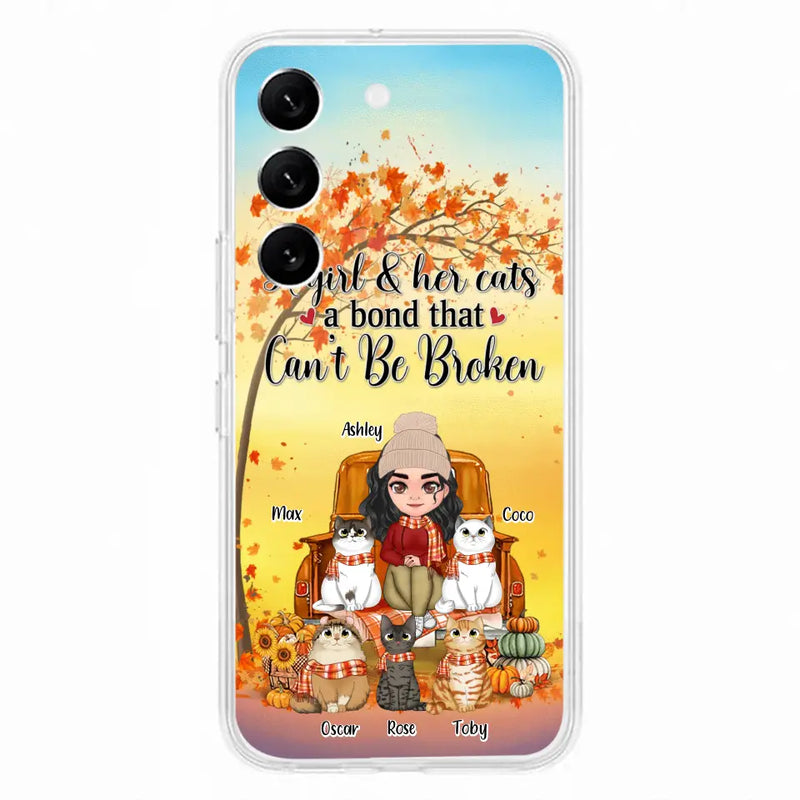Personalized Cat Mom Fall Season Phone Case - Gift Idea For Cat Owners - Up to 5 Cats - Case For iPhone/Samsung - A Girl & Her Cats A Bond That Can't Be Broken