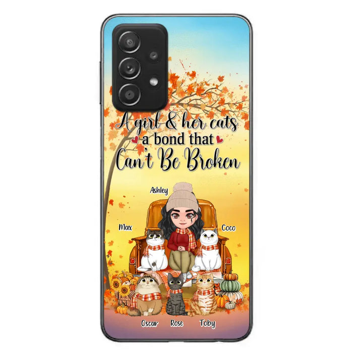 Personalized Cat Mom Fall Season Phone Case - Gift Idea For Cat Owners - Up to 5 Cats - Case For iPhone/Samsung - A Girl & Her Cats A Bond That Can't Be Broken