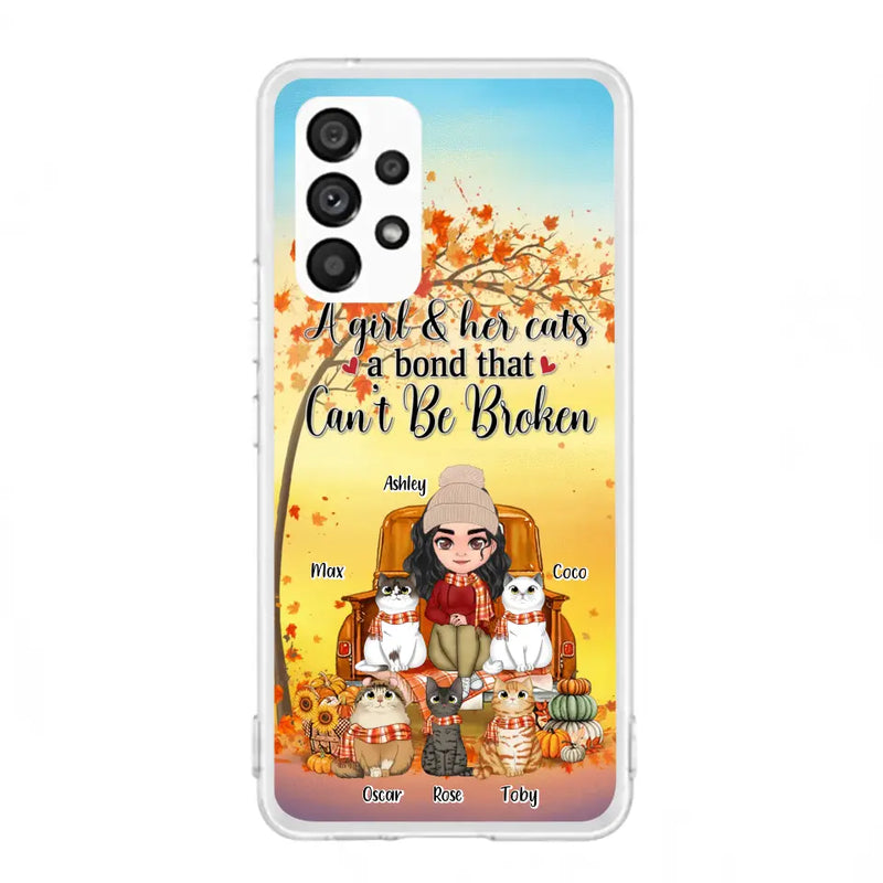 Personalized Cat Mom Fall Season Phone Case - Gift Idea For Cat Owners - Up to 5 Cats - Case For iPhone/Samsung - A Girl & Her Cats A Bond That Can't Be Broken