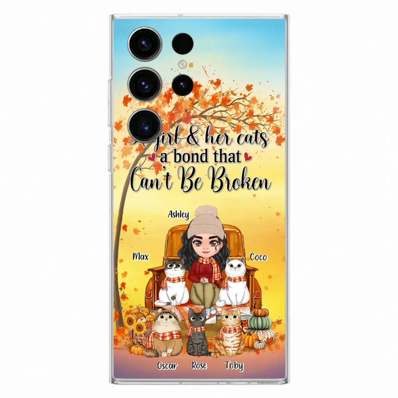 Personalized Cat Mom Fall Season Phone Case - Gift Idea For Cat Owners - Up to 5 Cats - Case For iPhone/Samsung - A Girl & Her Cats A Bond That Can't Be Broken