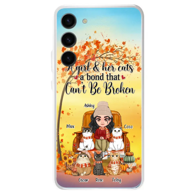 Personalized Cat Mom Fall Season Phone Case - Gift Idea For Cat Owners - Up to 5 Cats - Case For iPhone/Samsung - A Girl & Her Cats A Bond That Can't Be Broken