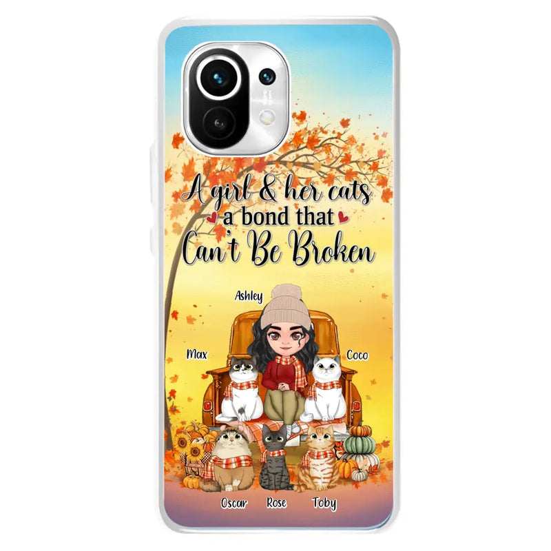 Personalized Cat Mom Fall Season Phone Case - Gift Idea For Cat Lovers - Up to 5 Cats - Case For Xiaomi/ Oppo/ Huawei - A Girl & Her Cats A Bond That Can't Be Broken