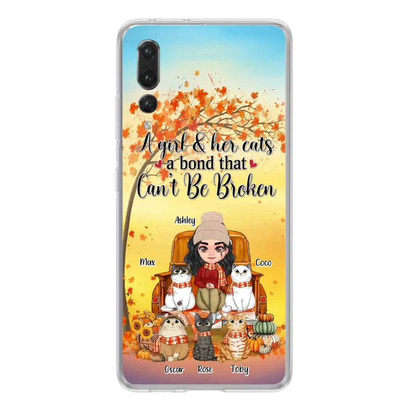 Personalized Cat Mom Fall Season Phone Case - Gift Idea For Cat Lovers - Up to 5 Cats - Case For Xiaomi/ Oppo/ Huawei - A Girl & Her Cats A Bond That Can't Be Broken