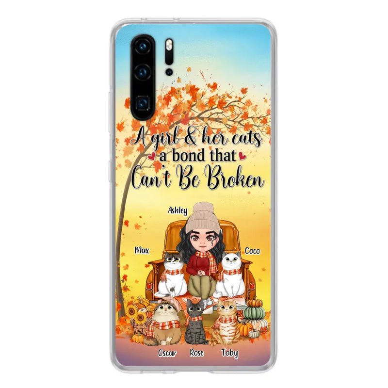 Personalized Cat Mom Fall Season Phone Case - Gift Idea For Cat Lovers - Up to 5 Cats - Case For Xiaomi/ Oppo/ Huawei - A Girl & Her Cats A Bond That Can't Be Broken