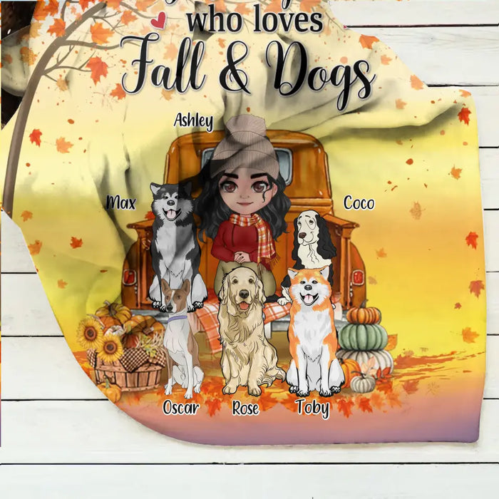 Personalized Dog Mom Fall Season Fleece Throw Blanket/Quilt - Gift Idea For Dog Lovers - Up To 5 Dogs - Just A Girl Who Loves Fall & Dogs