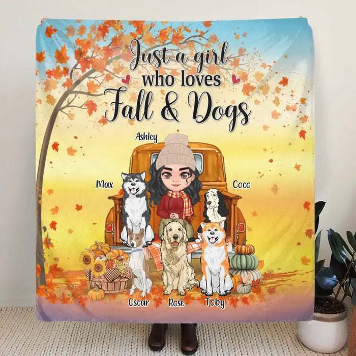 Personalized Dog Mom Fall Season Fleece Throw Blanket/Quilt - Gift Idea For Dog Lovers - Up To 5 Dogs - Just A Girl Who Loves Fall & Dogs