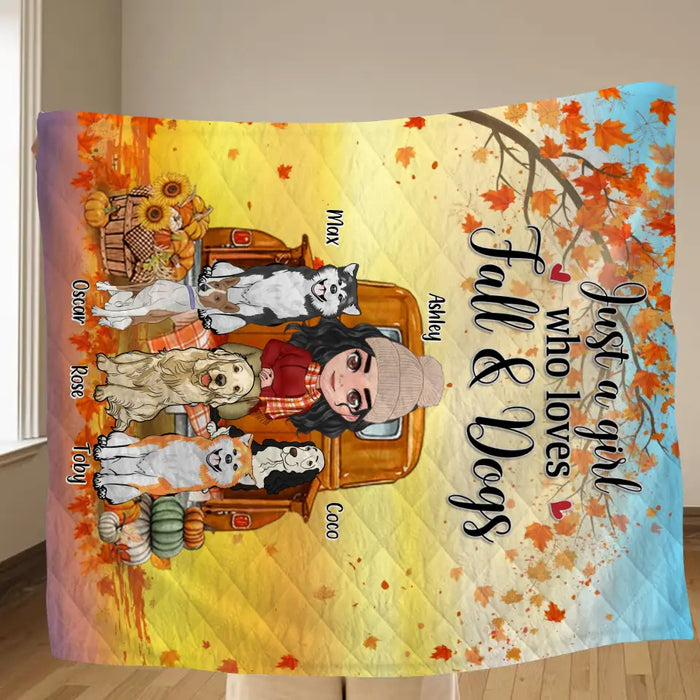 Personalized Dog Mom Fall Season Fleece Throw Blanket/Quilt - Gift Idea For Dog Lovers - Up To 5 Dogs - Just A Girl Who Loves Fall & Dogs