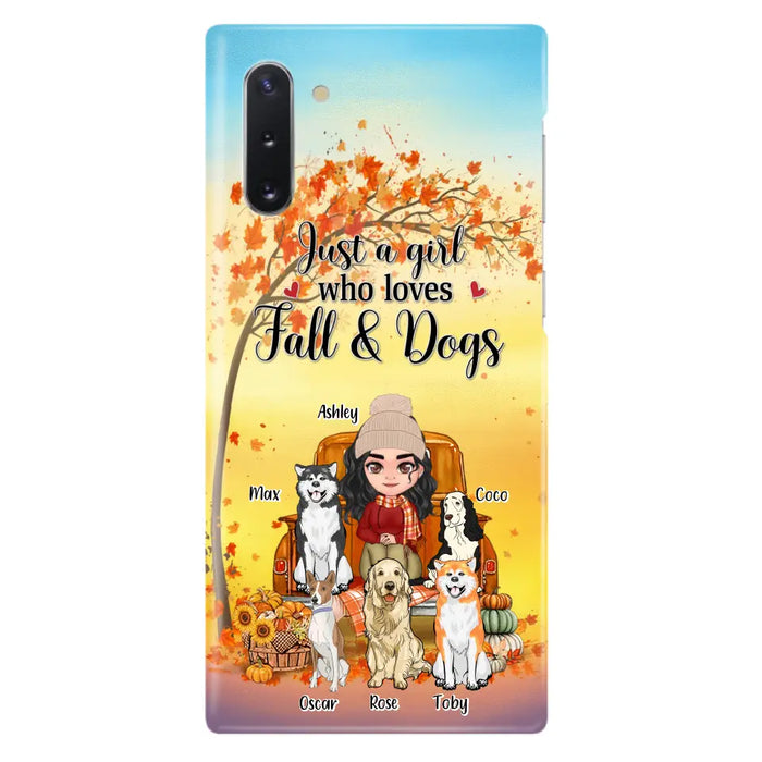 Custom Personalized Dog Mom Fall Season Phone Case - Autumn Gift Idea For Dog Owners - Upto 5 Dogs -  Case For iPhone/Samsung - Just A Girl Who Loves Fall & Dogs
