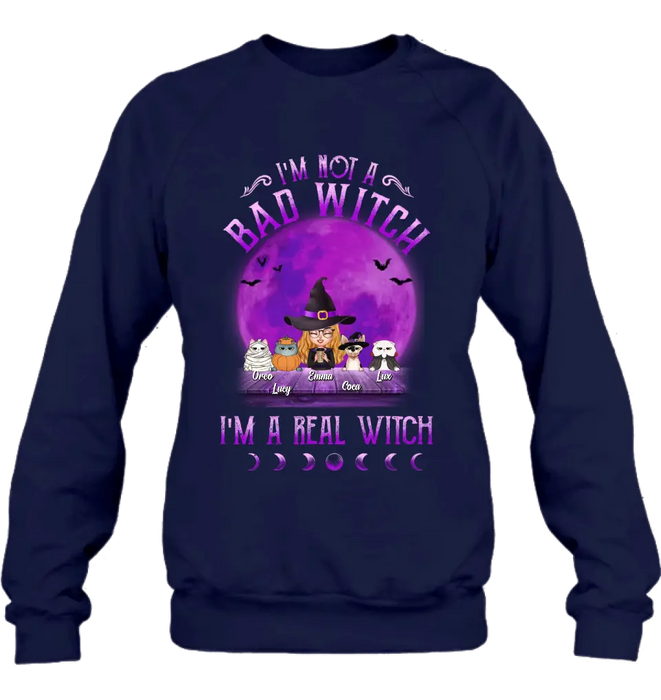 Custom Personalized Witch Shirt/Hoodie - Gift Idea For Halloween/Witch Lovers - Upto 4 Pets - I'm Not A Bad Witch I'm A Real Witch