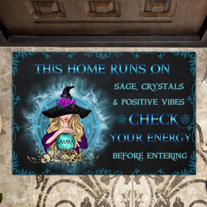 Personalized Witch Doormat - Halloween Gift Idea For Witch Lover/Friend/Wiccan Decor/Pagan Decor This Home Runs On Sage, Crystals & Positive Vibes