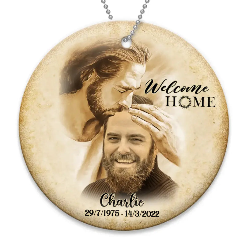 Personalized Memorial Photo Circle Wooden Ornament - Memorial Gift Idea For Family Member/Pet Owner - Welcome Home