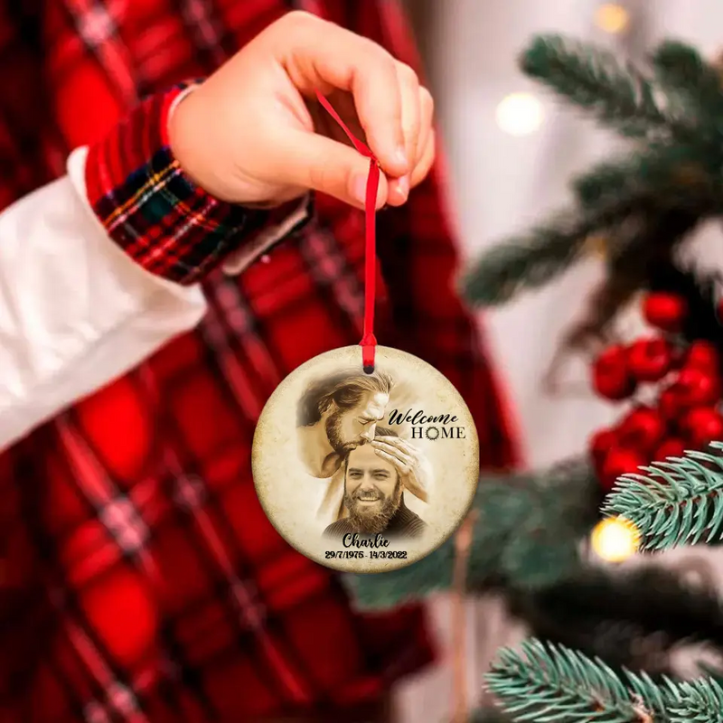 Personalized Memorial Photo Circle Wooden Ornament - Memorial Gift Idea For Family Member/Pet Owner - Welcome Home