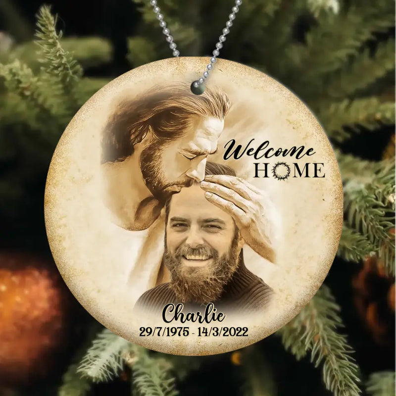 Personalized Memorial Photo Circle Wooden Ornament - Memorial Gift Idea For Family Member/Pet Owner - Welcome Home